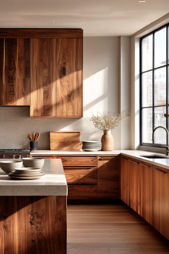 rich warm wood kitchen cabinets with neutral countertops and natural light in organic modern kitchen design